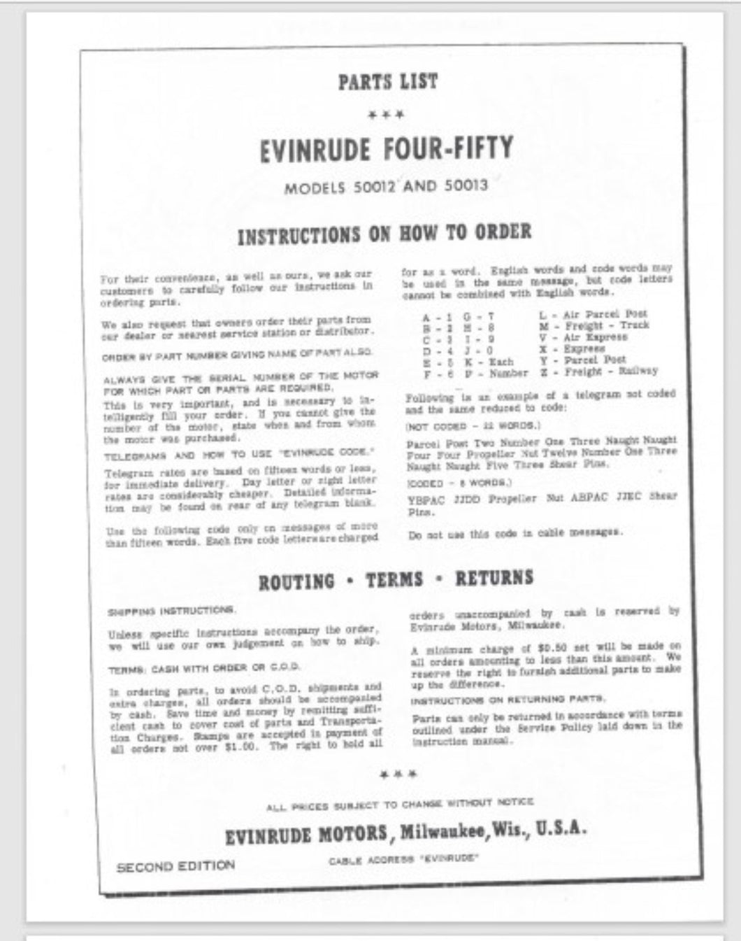 1958 Evinrude 50HP Four-Fifty 50012 50013 Parts Catalog