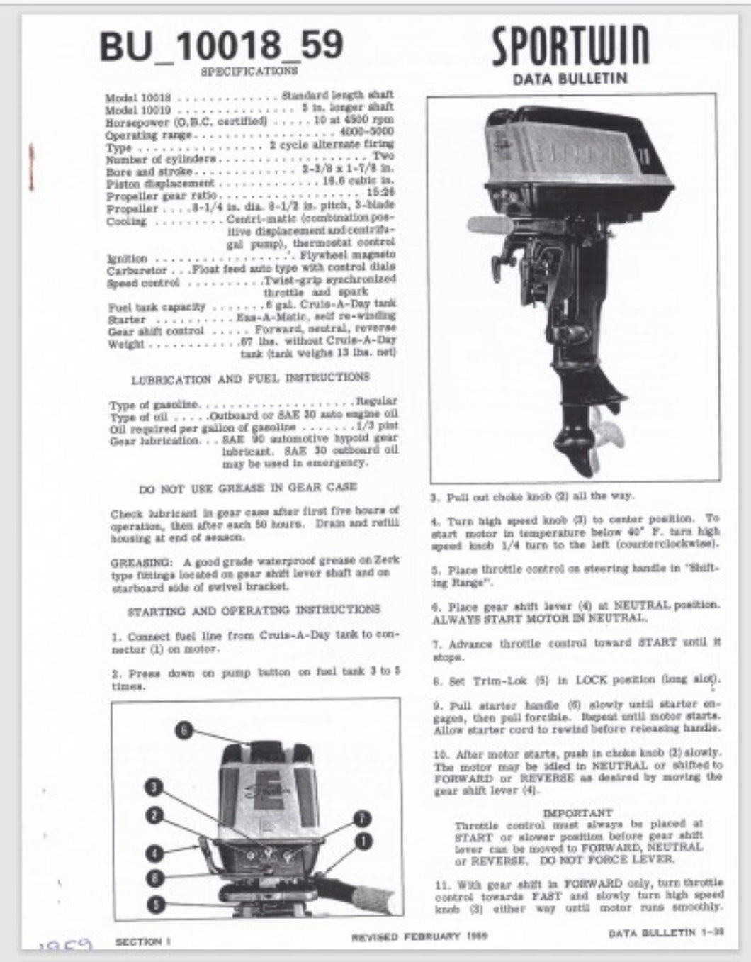 1959 Evinrude Sportwin 10 HP 10018 10019 Data Bulletin BU_10018_59