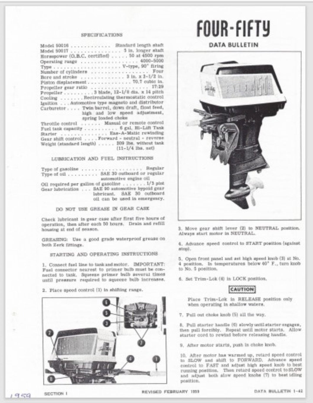 1959 Evinrude 50 HP Four-Fifty 50016 50017 Data Bulletin