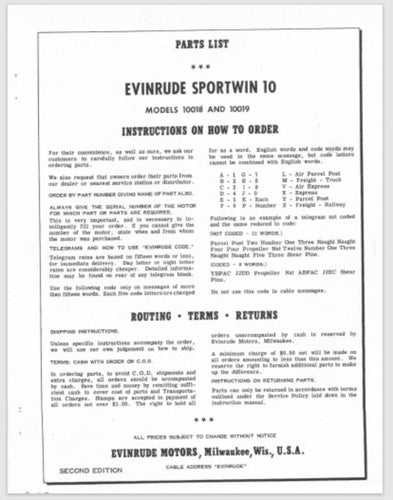 1959 Evinrude 10HP Sportwin 10 10018 10019 Parts Catalog