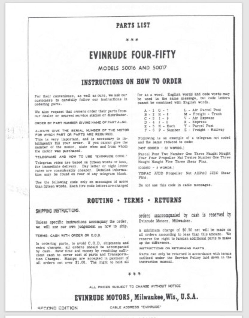 1959 Evinrude 50 HP Four-Fifty 50016 50017 Parts Catalog