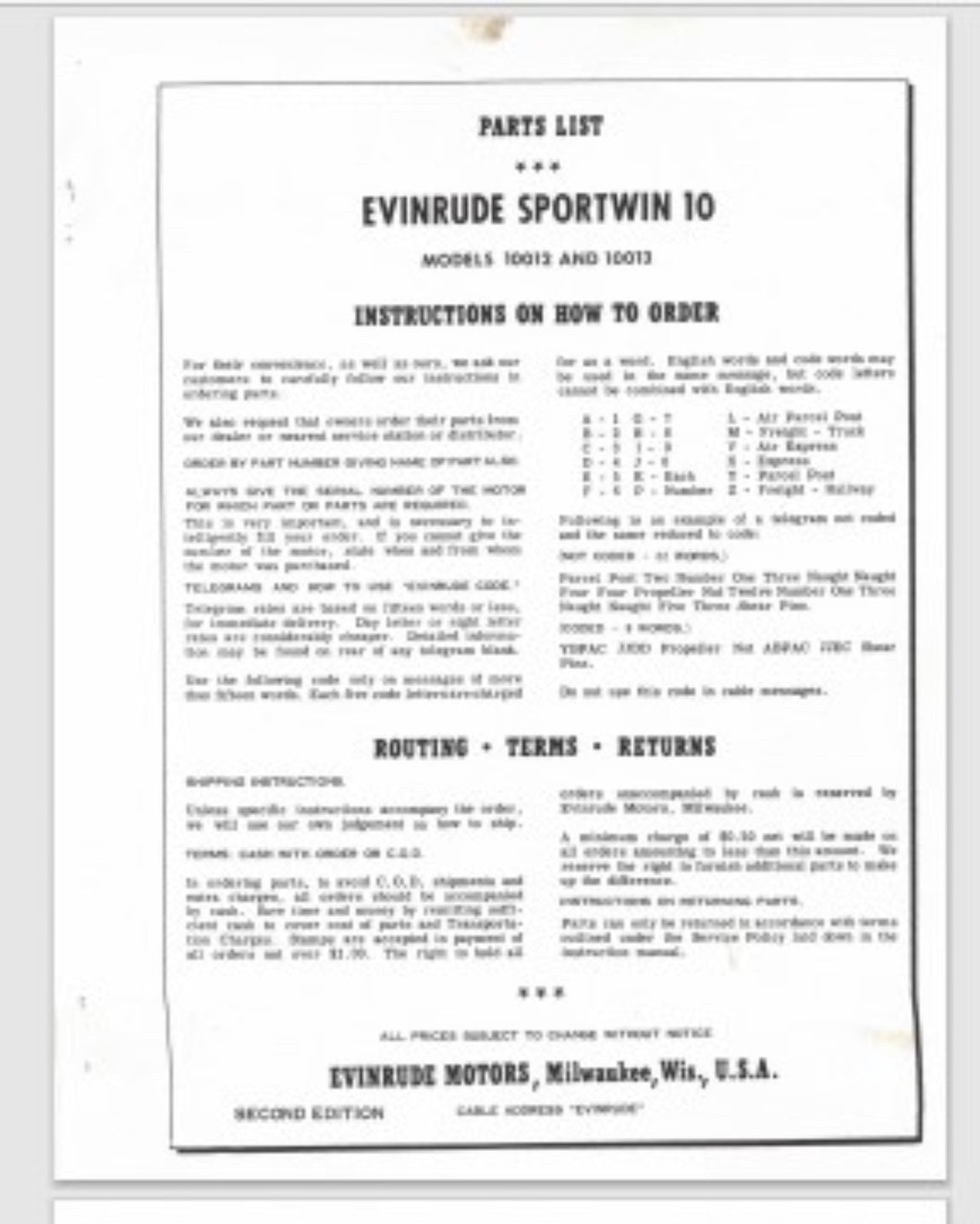 1956 Evinrude 10 HP Sportwin 10012 10013 Parts Catalog