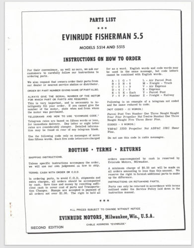 1957 Evinrude 5.5 HP Fisherman 5514 5515 Parts Catalog