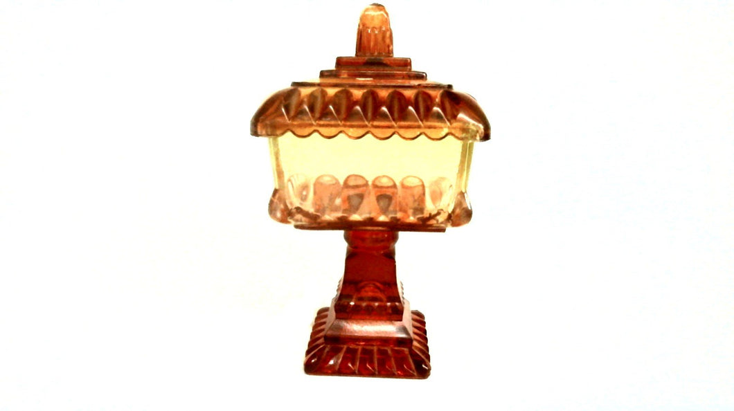 Jeanette Amberina Glass Footed Square Candy Dish/Compote w/Lid Orange Red (TR)