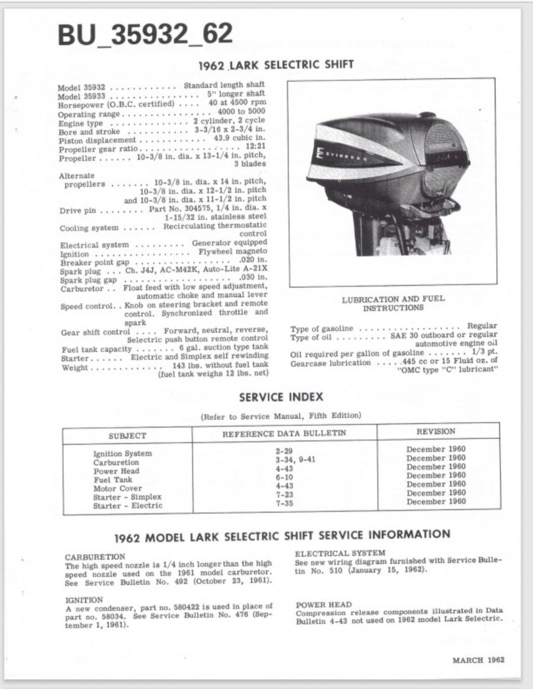 1962 Evinrude 40 HP Lark Selectric Shift 35932 35933 Data Bulletin BU_35932_62