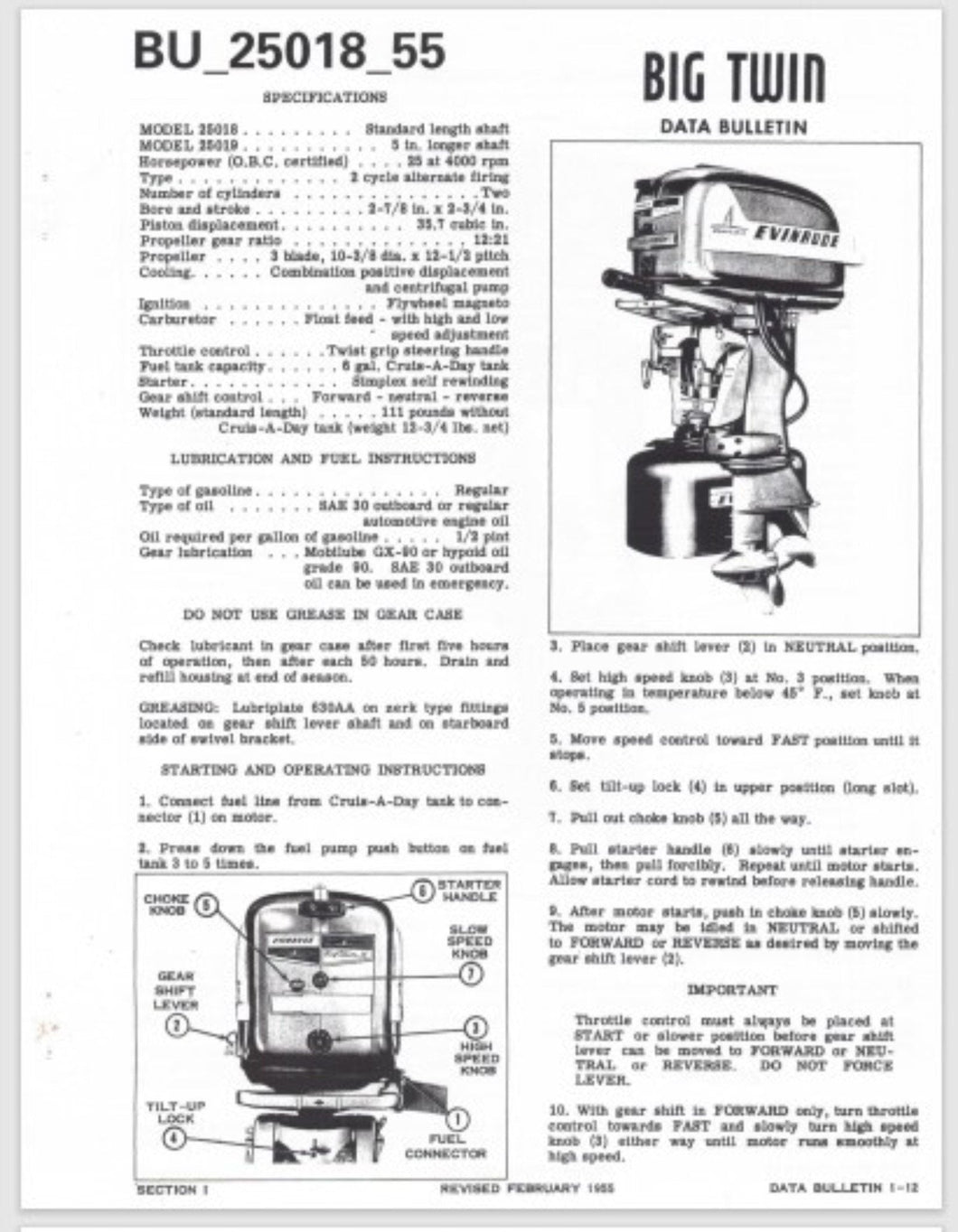 1955 Evinrude 25 HP Big Twin 25018 25019 Data Bulletin BU_25018_55