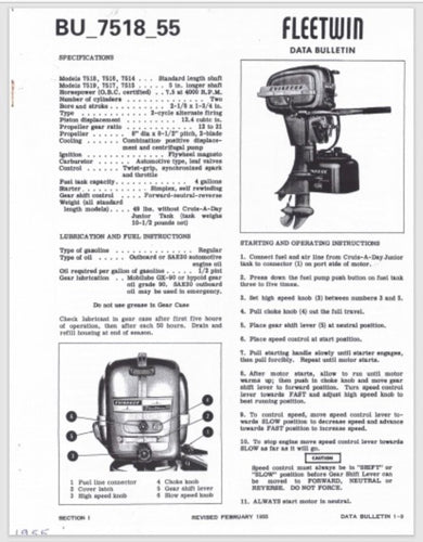 1955 Evinrude 7.5 HP 7518 7516 7514 7519 7515 Data Bulletin BU_7518_55