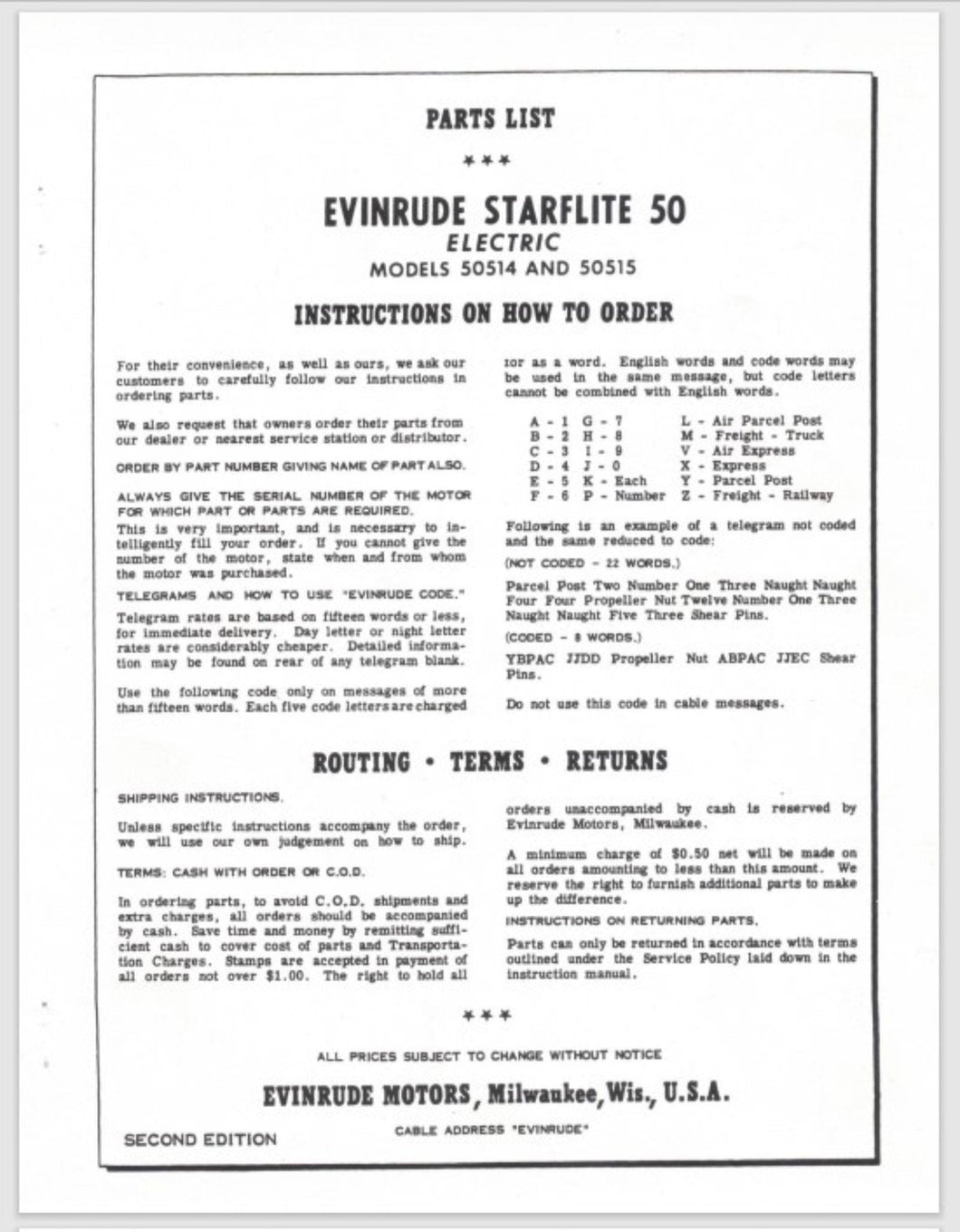 1958 Evinrude 50HP Starflite Electric 50514 50515 Parts Catalog