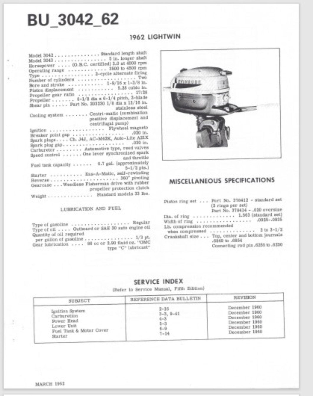 1962 Evinrude Lightwin 3 HP 3042 3043 Data Bulletin BU_3042_62