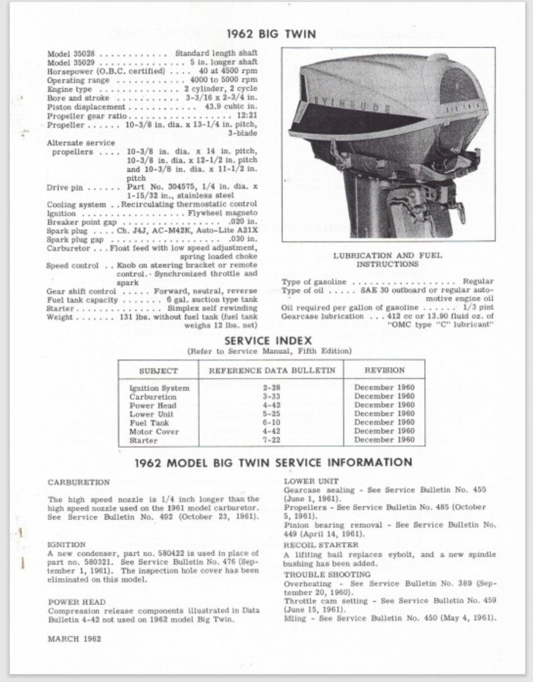 1962 Evinrude Big Twin 40 HP 35028 35029 Data Bulletin