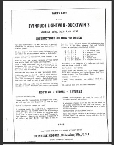 1959 Evinrude 3 HP 3030 3031 3032 Lightwin Ducktwin Parts Catalog/List