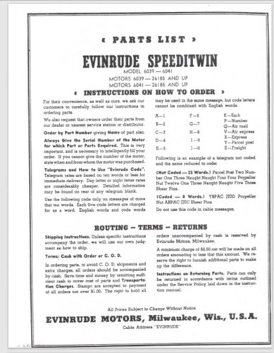 1939 Evinrude 6039 6041 Speeditwin Parts List/Catalog