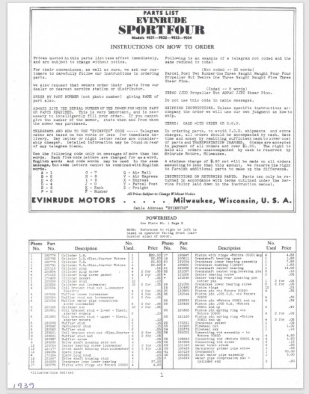 1939 Evinrude 9031 9032 9033 9034 Sportfour Parts List