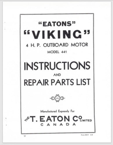 1933 4 HP Eatons Viking Outboard Model 441 Instructions & Repair Parts List