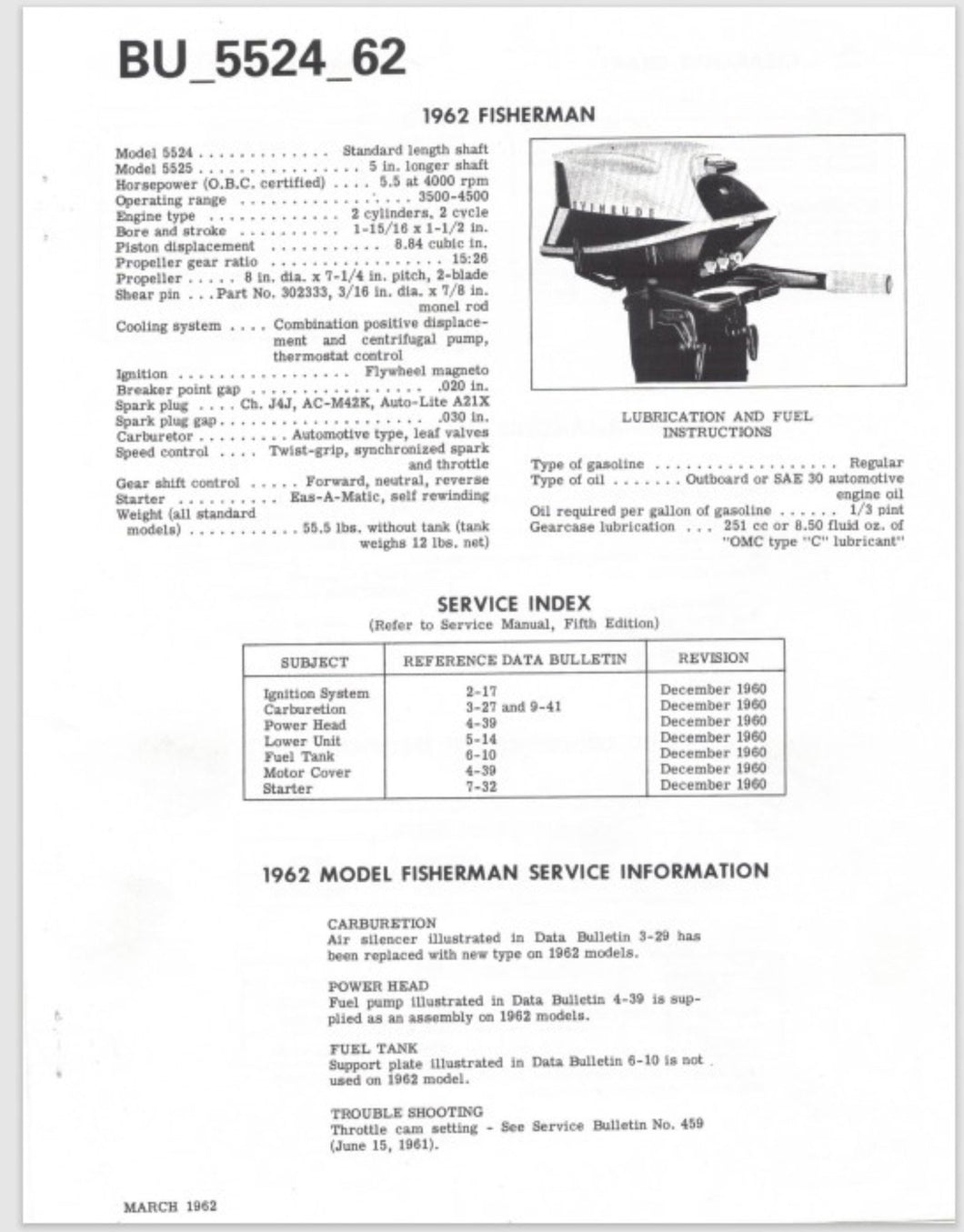 1962 Evinrude 5.5 HP Fisherman 5524 5525 Data Bulletin