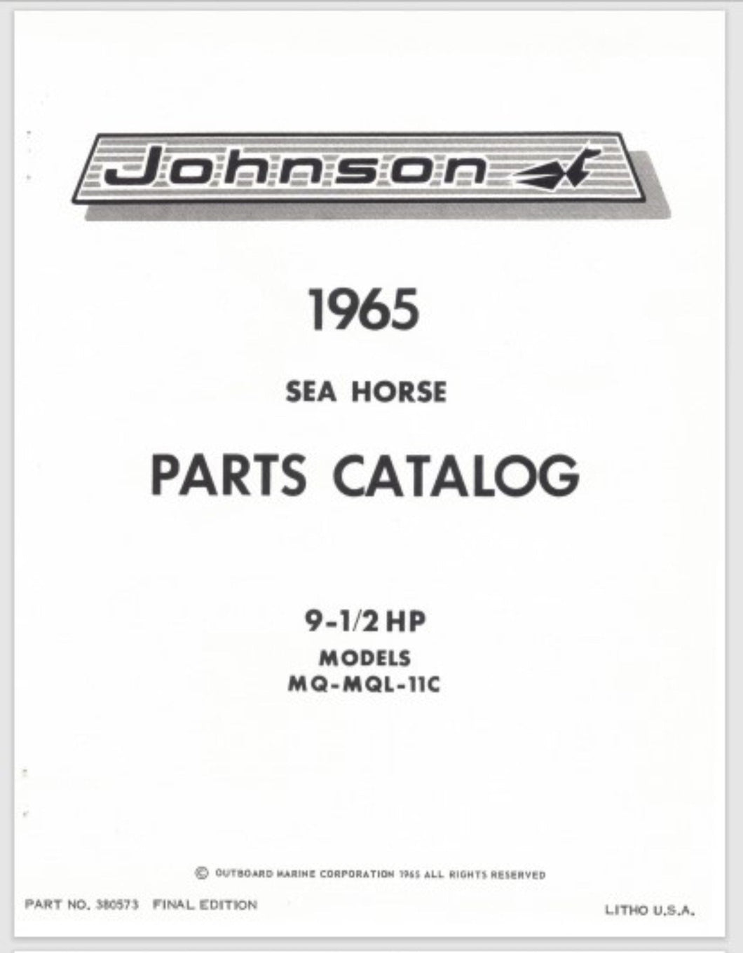 1965 Johnson Sea Horse 9-1/2 HP MQ-11C MQL-11C Parts Catalog