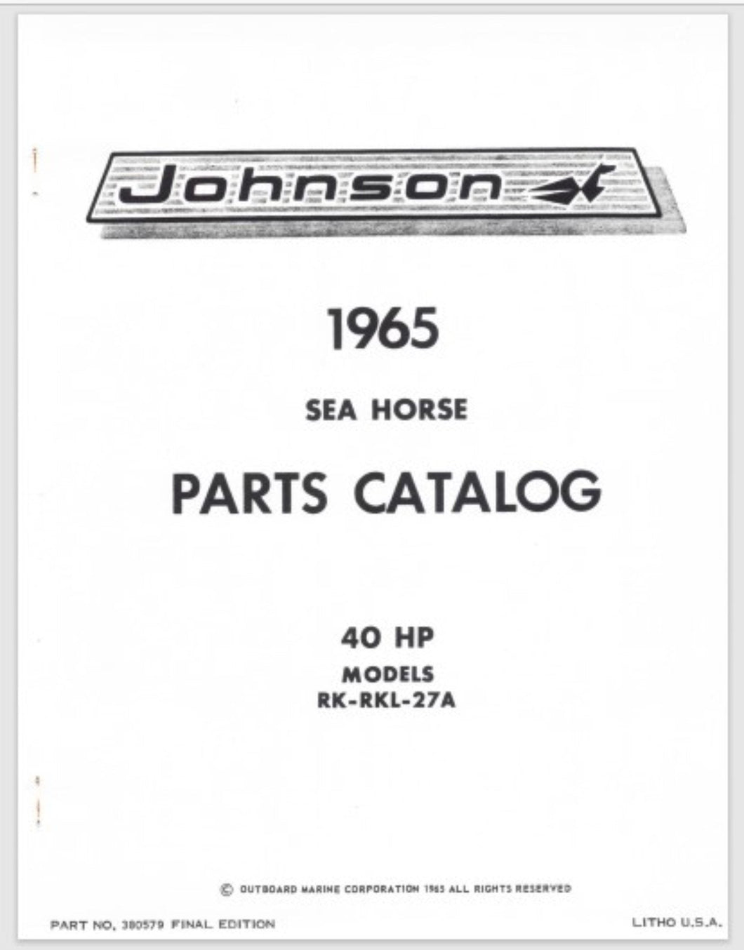 1965 Johnson Sea Horse 40 HP RK-27A RKL-27A Parts Catalog