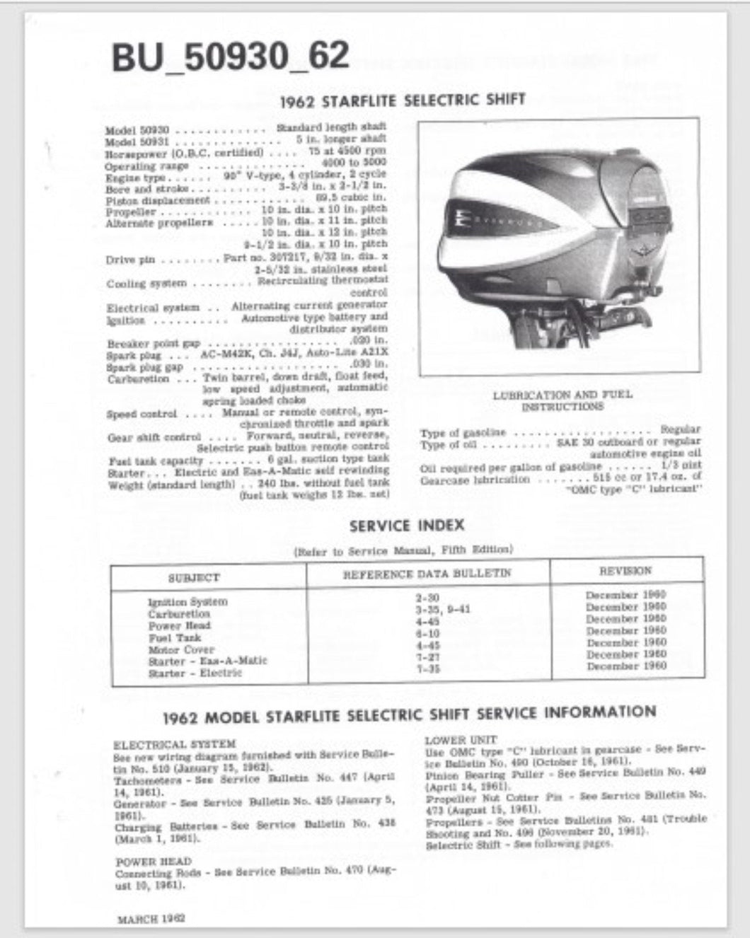 1962 Evinrude 75 HP Starflite 50930 50931 Data Bulletin