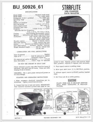 1961 Evinrude 75HP Starflite 50926 50927 Data Bulletin BU_50926_61