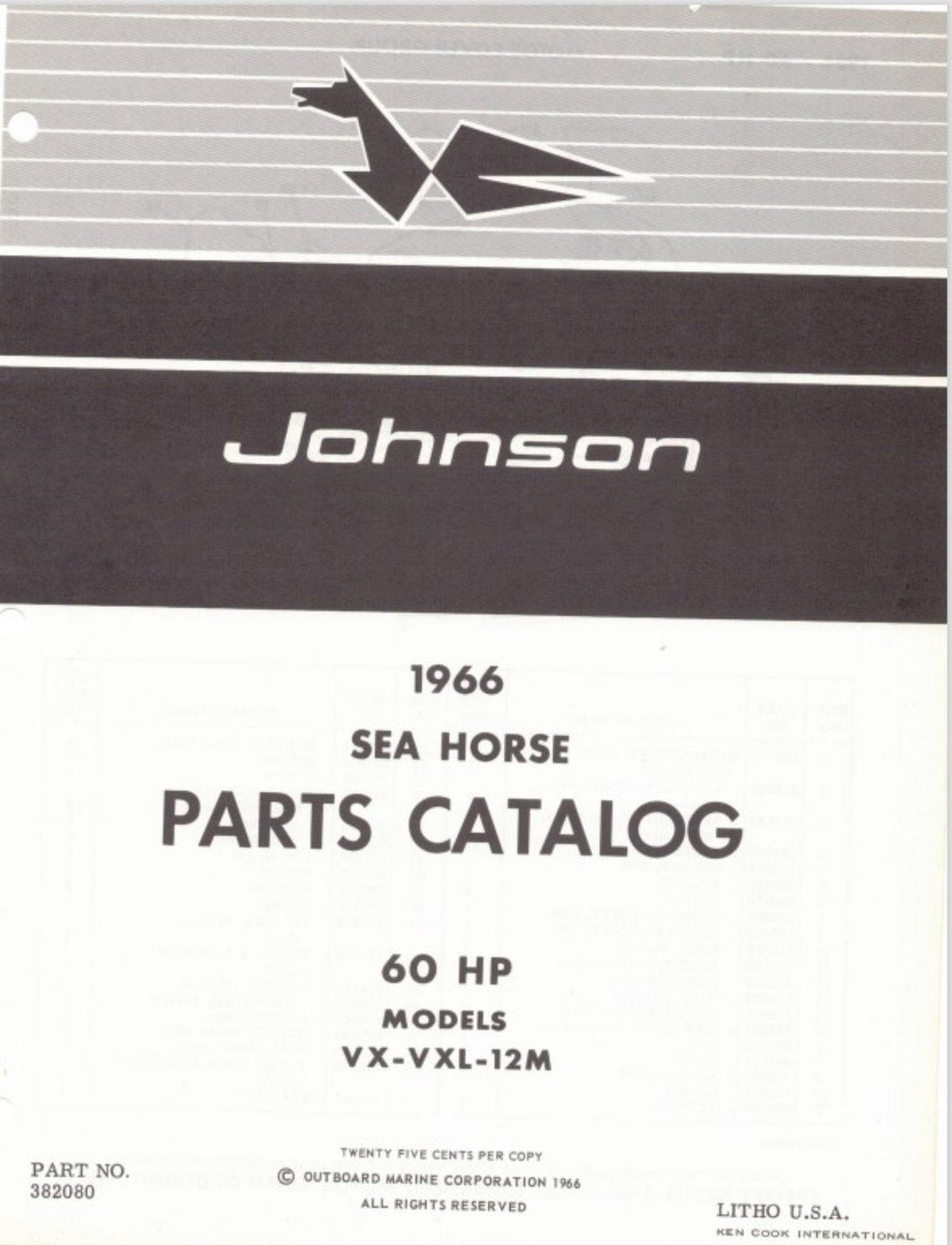 1966 Johnson 60 HP Model VX-12M VXL-12M Parts Catalog