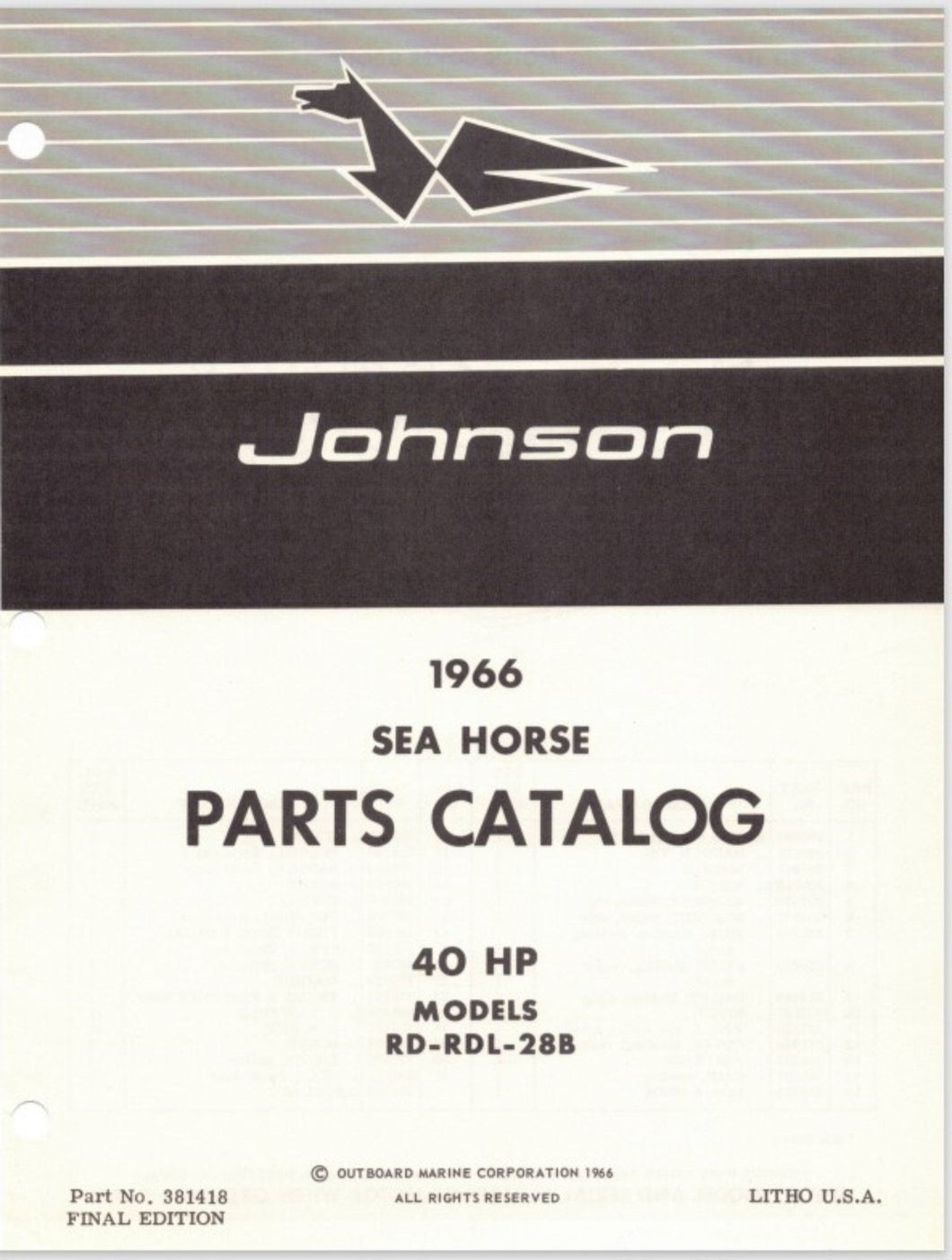 1966 Johnson 40 HP Models RD-28B RDL-28B Parts Catalog - Used